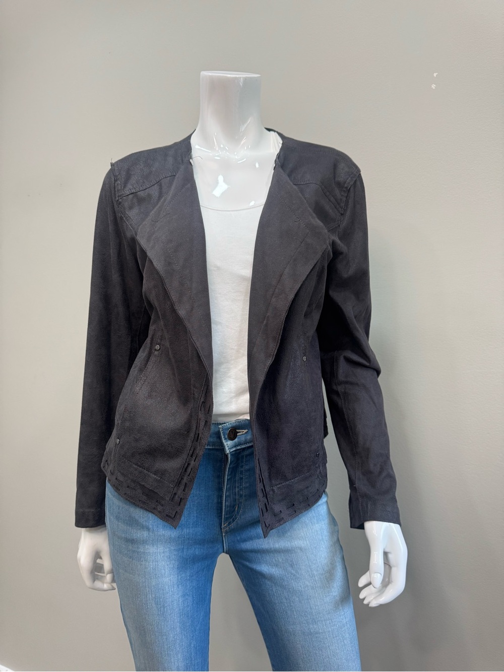 LYSSE Charcoal Gray Vegan Suede Open Front Moto Jacket Blazer Size L